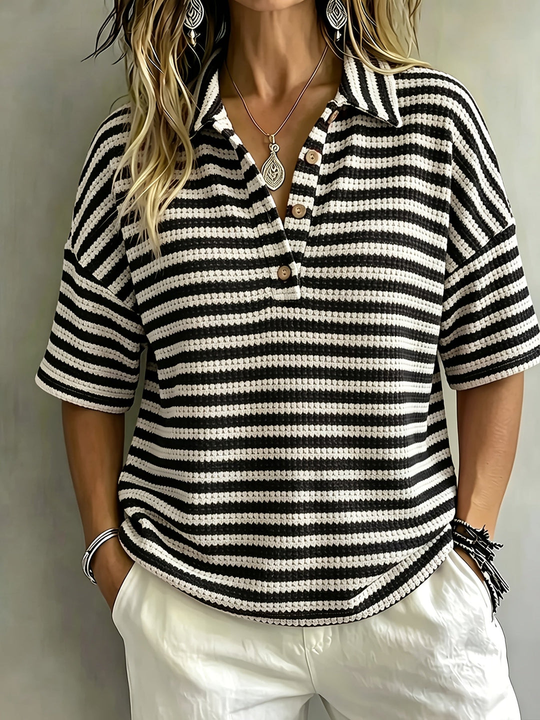 Marissa | Polo a Righe in Tessuto Waffle