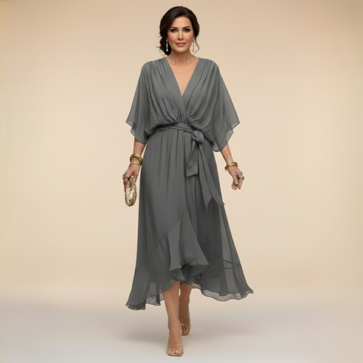 Abito in Chiffon | Scollo a V Elegante, Comfort Impalpabile