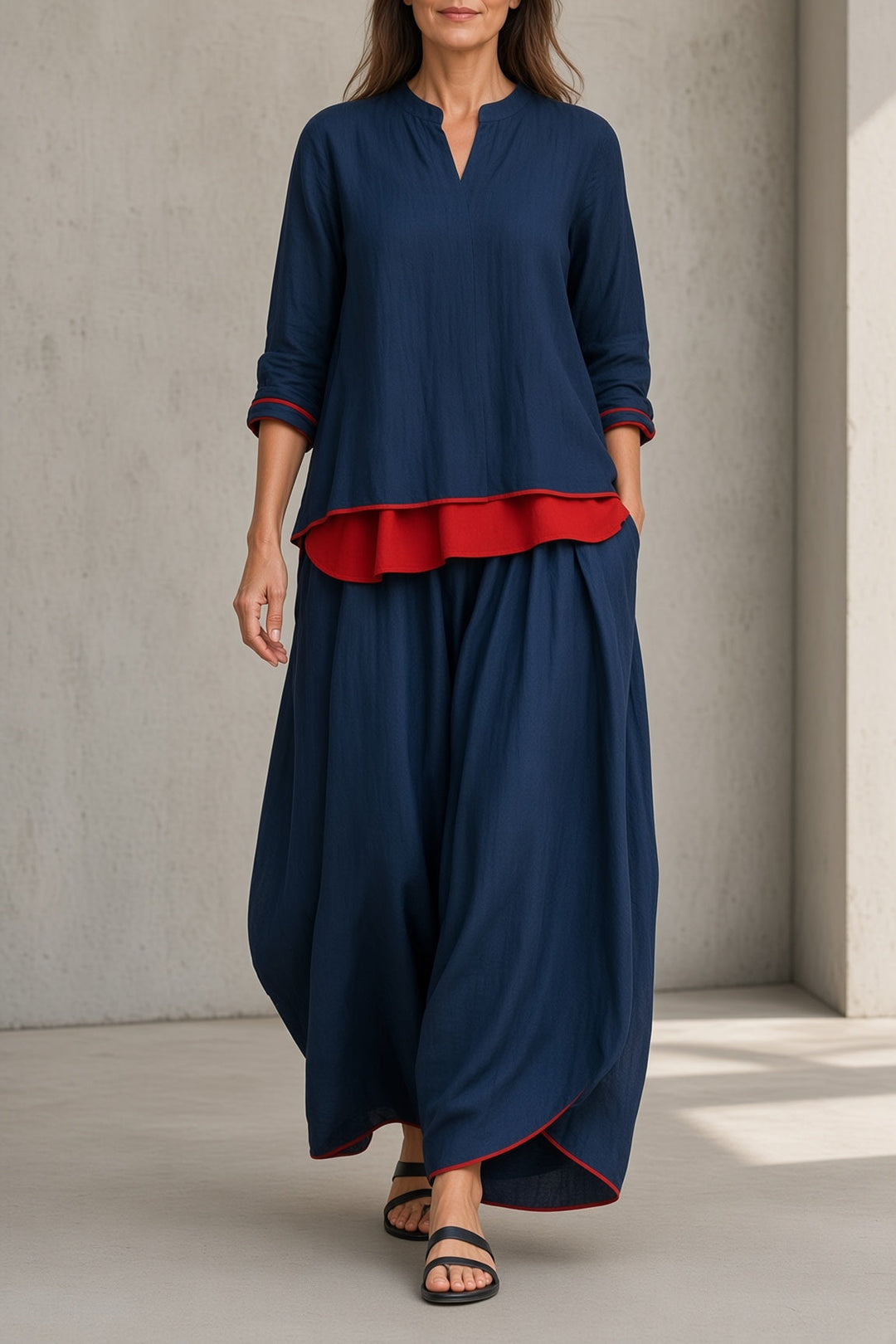 Tamsin | Completo con tunica bordata a contrasto e pantaloni a gamba larga