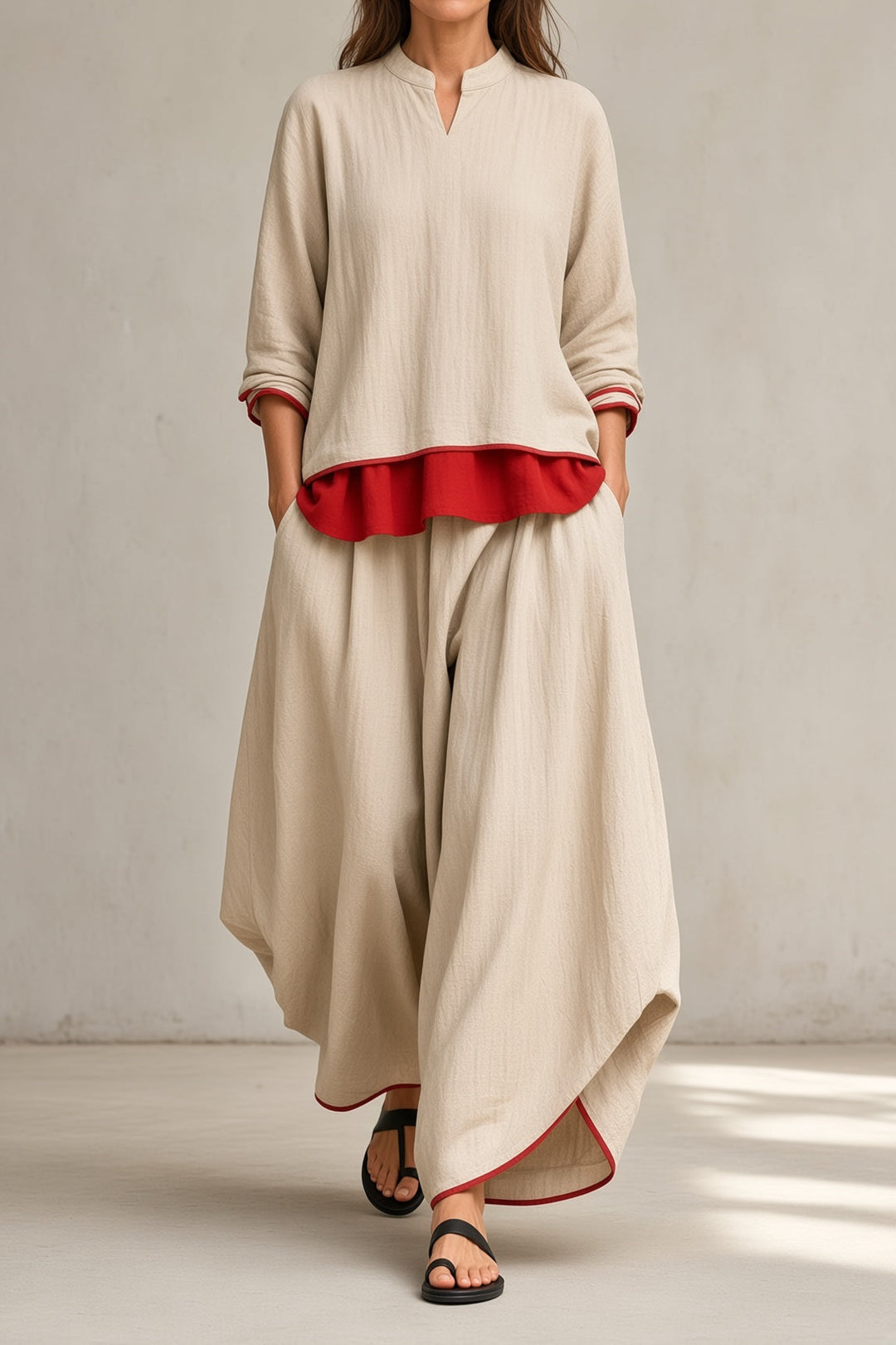 Tamsin | Completo con tunica bordata a contrasto e pantaloni a gamba larga