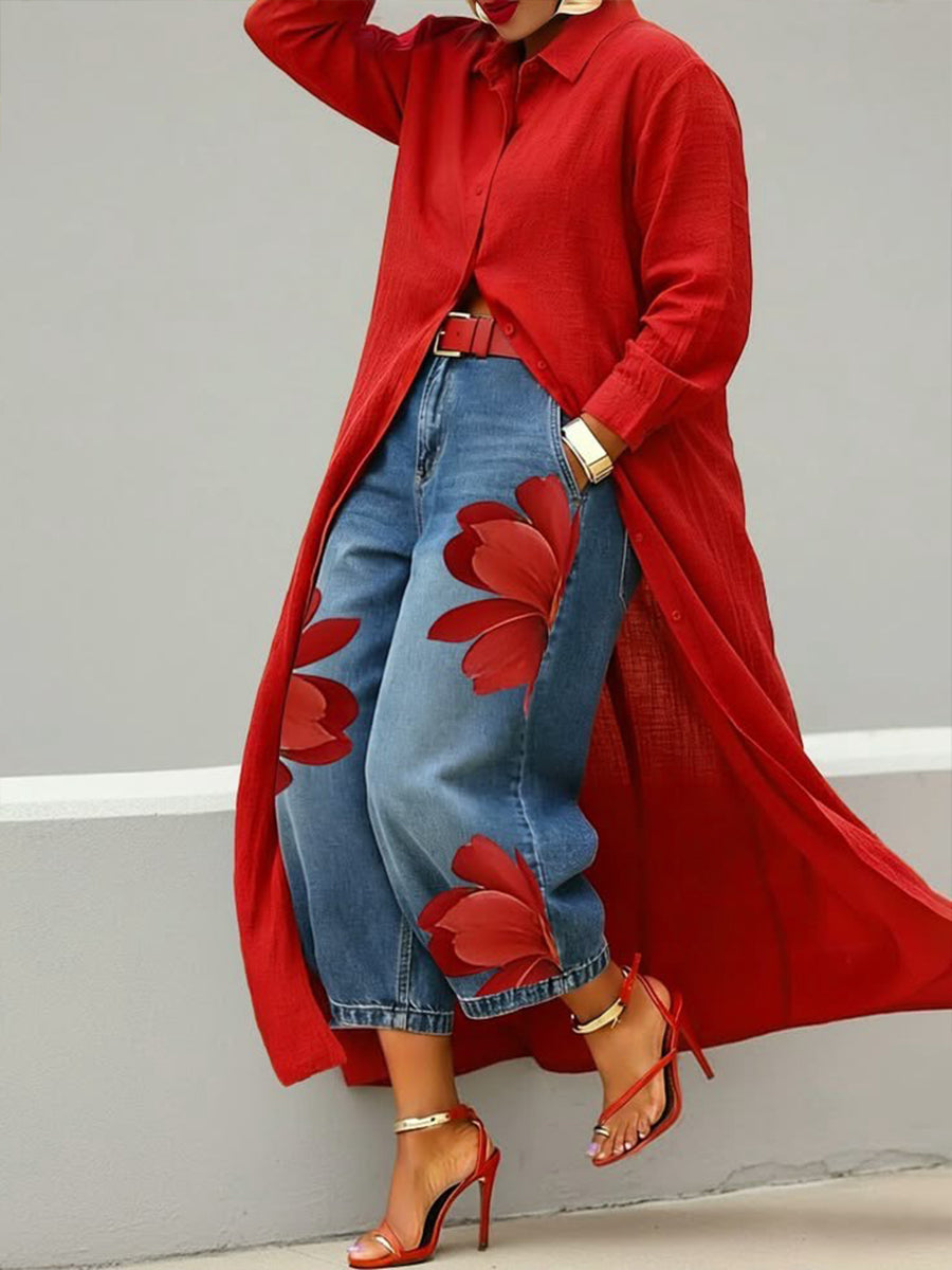 Daniella | Completo Abito in Lino e Denim Fiorito