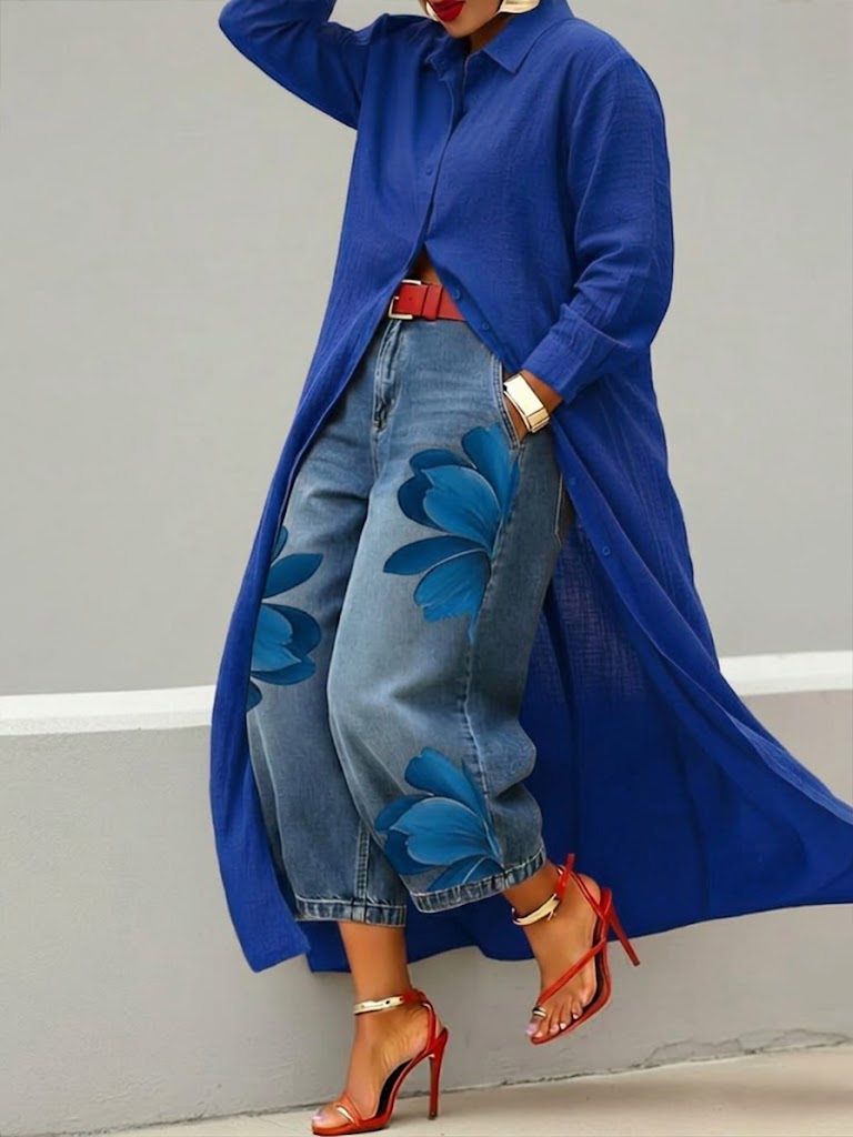 Daniella | Completo Abito in Lino e Denim Fiorito