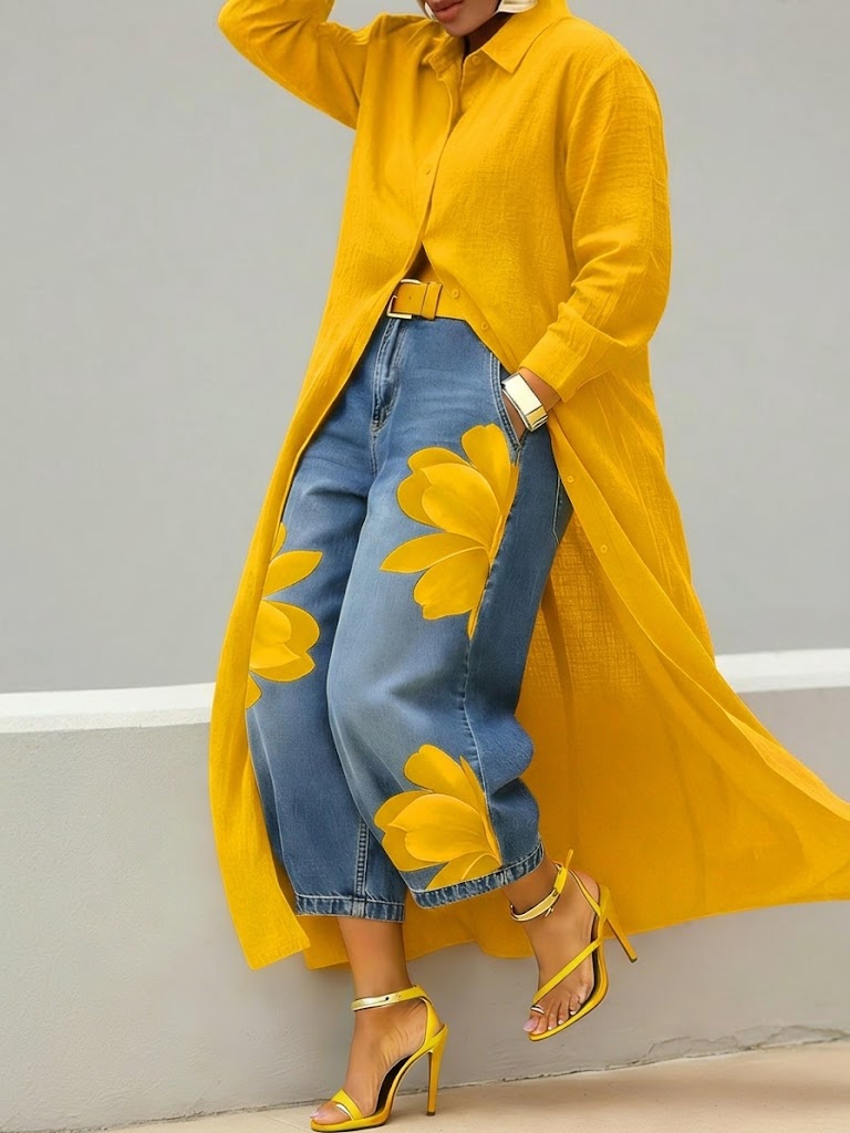 Daniella | Completo Abito in Lino e Denim Fiorito