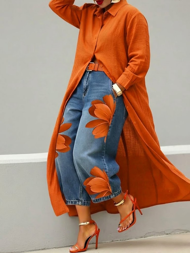 Daniella | Completo Abito in Lino e Denim Fiorito